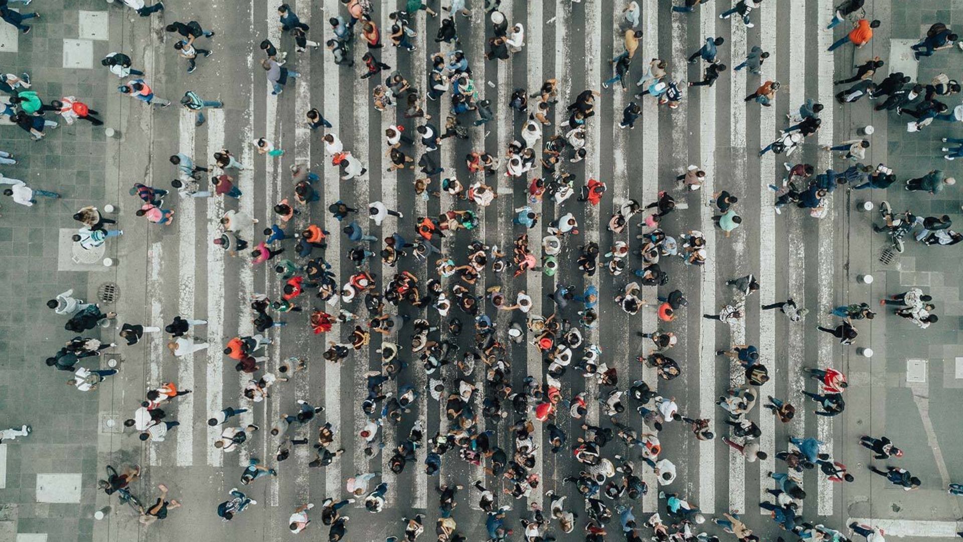 道路を横断する大勢の人々の航空写真。