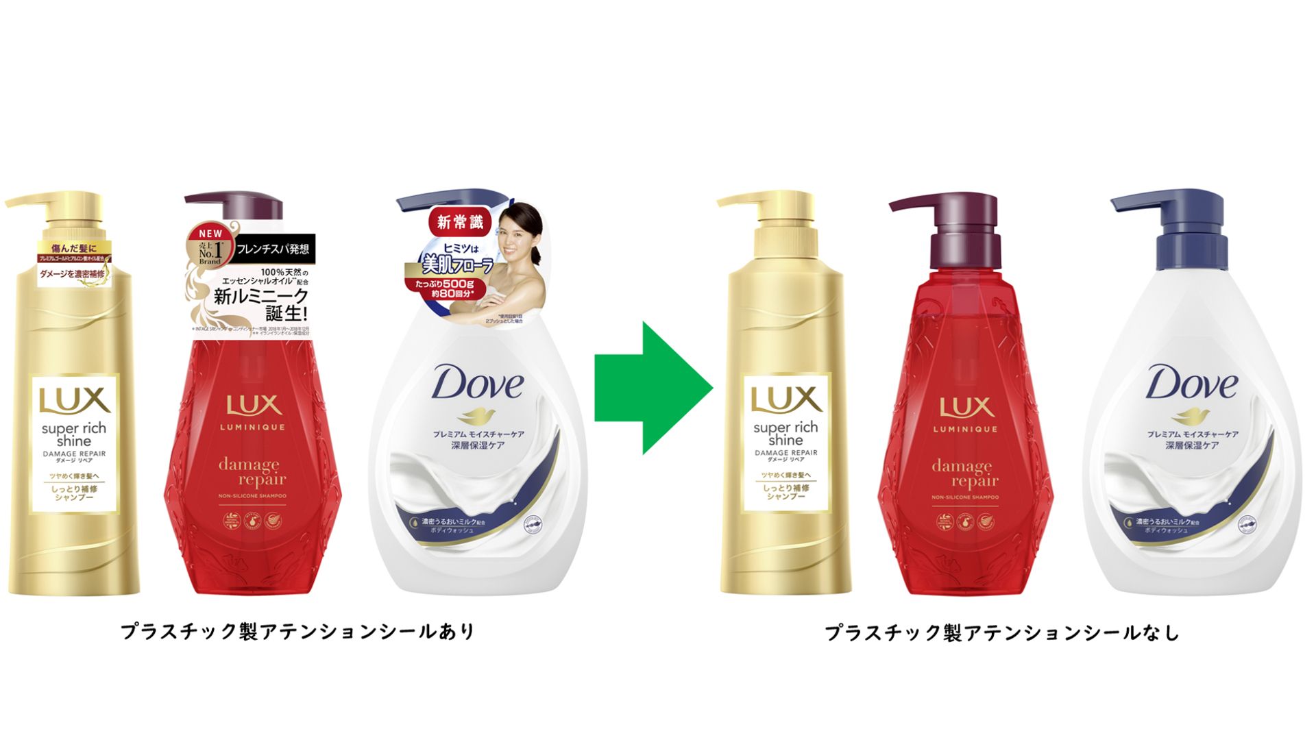 プラスチック製アテンションシール有りと無しのユニリーバ製品を並べて比較