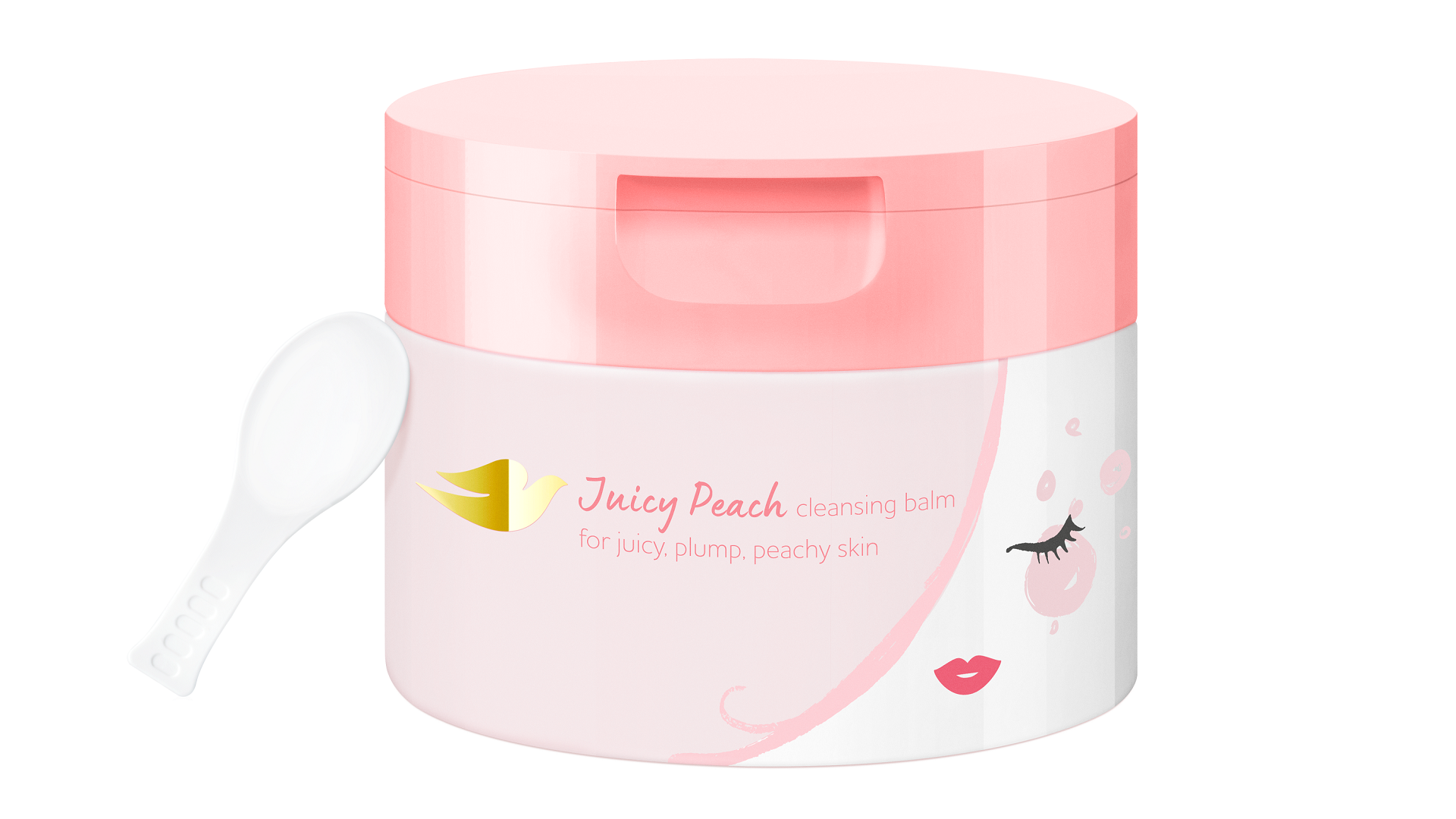 女性の顔イラスト、ピンクの商品容器、白いスプーン