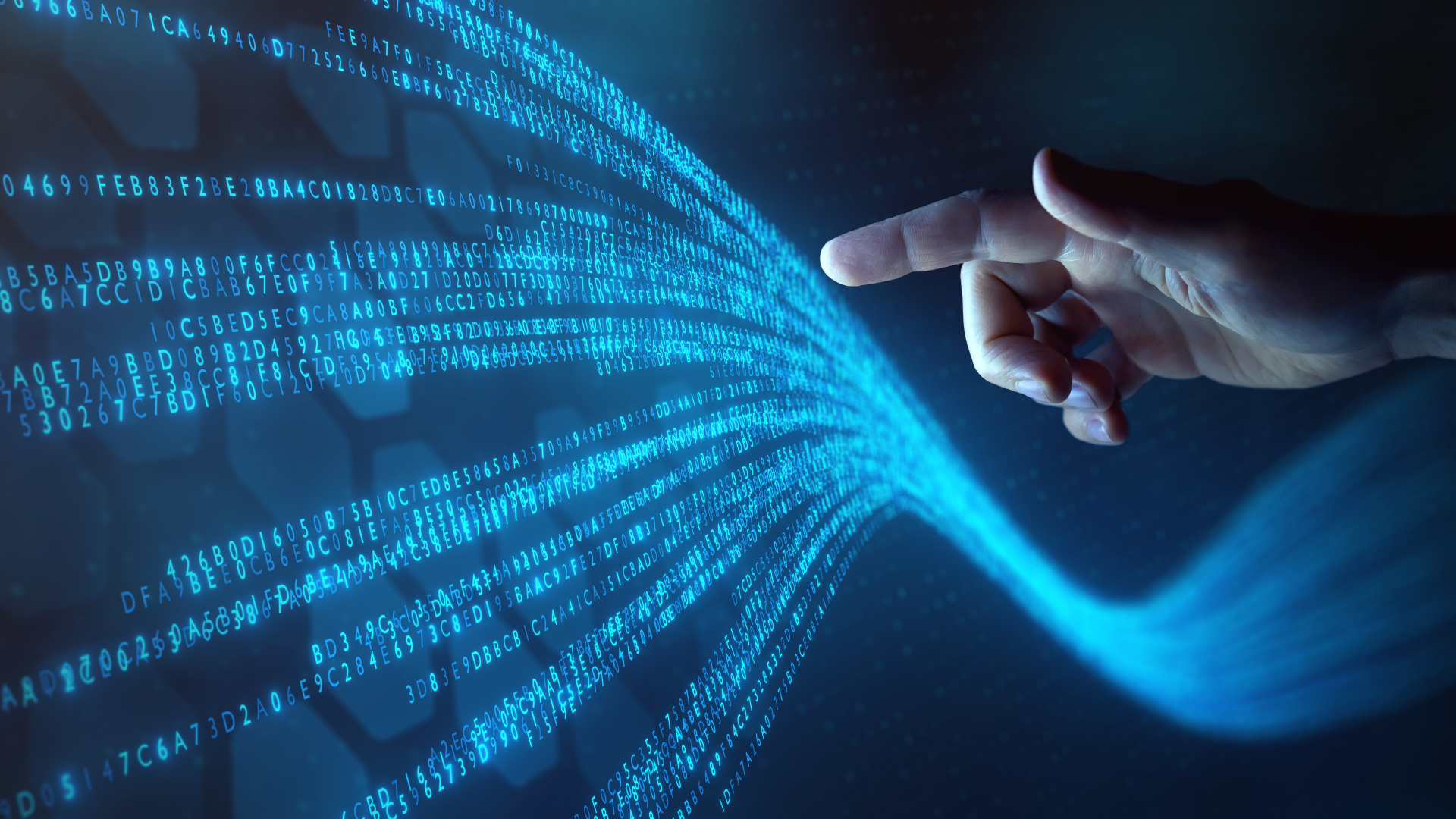 青い画面に流れ込むデータを指している手 (白人の肌)