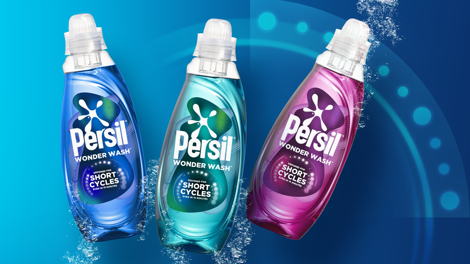ティールを背景にしたブルー、ターコイズ、ピンク色を施した Persil Wonder Wash のボトル。